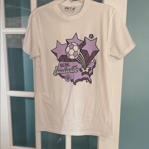 Women's White and Purple Tee- Racing Louisville Soccer